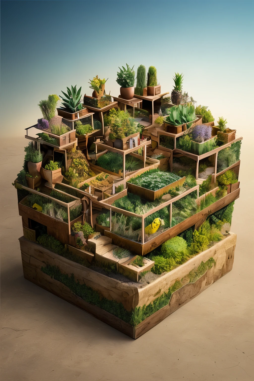 DUSKAMETRIC15, MICROWORLD, isometric view, microworld view of greenhouse and succulents and agaves and air plants, artstation, 8k, octane render, vibrant colors, trending on deviantart