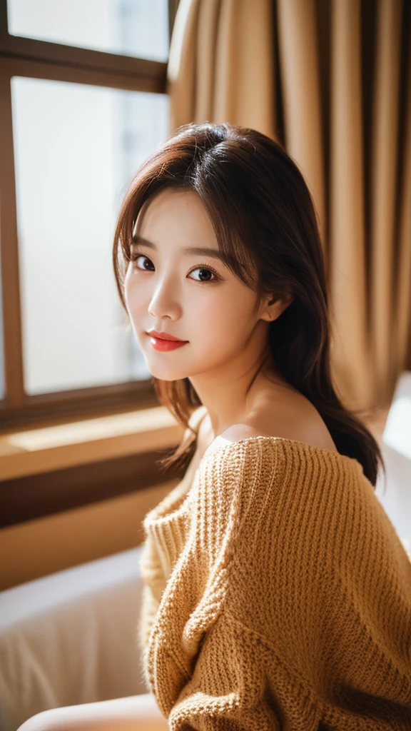 best quality ,masterpiece,ultra high res,(photo realistic:1.4), 1 girl, looking at viewer, Wearing oversized off-shoulder knit over lingerie, korean famous actress, very beautiful,kawaii, Cinematic, 35mm lens, f/ 1. 8, accent lighting, 8k, at luxury hotel