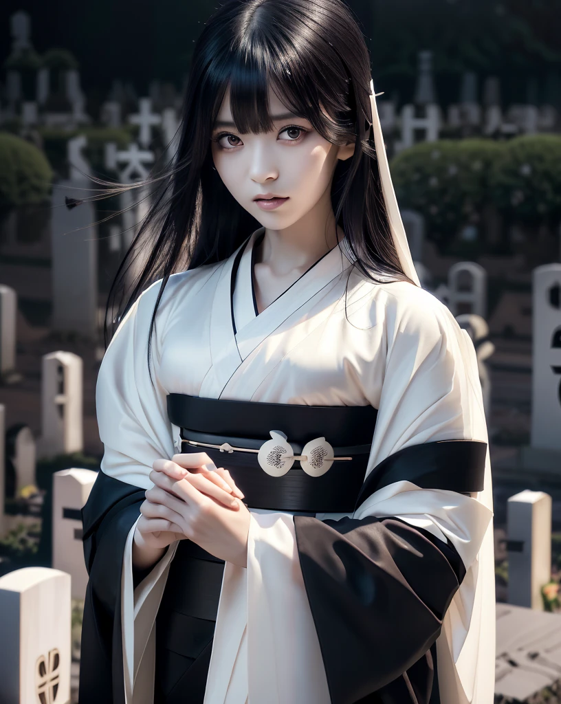 Highest quality, 32k, High resolution, Masterpiece, marimo_jet, Ghosts wandering the cemetery at night, Dark atmosphere, Evoking a sense of calm and elusive beauty, Expressing emotions, Have a rich imagination, Beautiful Japanese Girls, An exceptionally beautiful face, Small Face Beauty, , Perfect Human Anatomy, Magical big eyes, Fleeting Expression, Super Long Straight Silk Hair, Asymmetrical bangs, Hair between the eyes, Pale skin, Sharp eyebrows, Thin lashes, Natural Makeup, ((Simple white kimono:1.6)), ((Japanese Cemetery:1.5)), ((Simple gravestone)), ((Midnight Darkness:1.7)), ((Pitch black night sky:1.5)), Professional photographer, Professional Lighting, Professional models