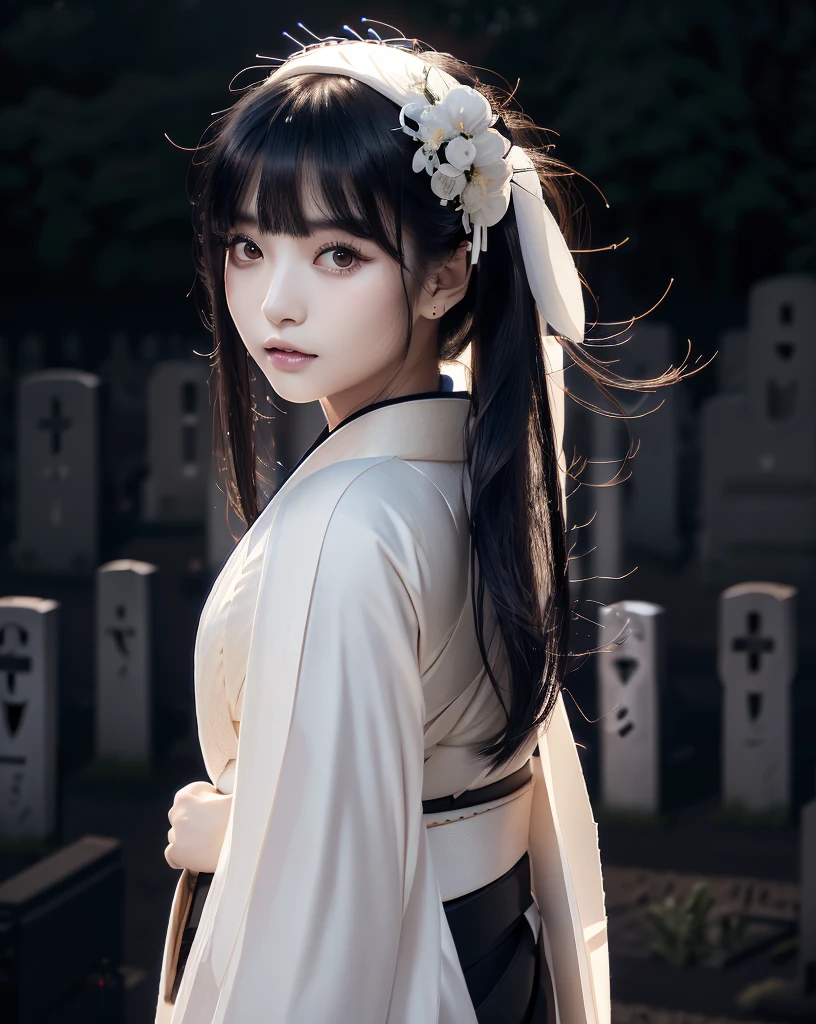 Highest quality, 32k, High resolution, Masterpiece, marimo_jet, Ghosts wandering the cemetery at night, Dark atmosphere, Evoking a sense of calm and elusive beauty, Expressing emotions, Have a rich imagination, Beautiful Japanese Girls, An exceptionally beautiful face, Small Face Beauty, , Perfect Human Anatomy, Magical big eyes, Fleeting Expression, Super Long Straight Silk Hair, Asymmetrical bangs, Hair between the eyes, Pale skin, Sharp eyebrows, Thin lashes, Natural Makeup, ((Simple white kimono:1.6)), ((Japanese Cemetery:1.5)), ((Simple gravestone)), ((Midnight Darkness:1.7)), ((Pitch black night sky:1.5)), Professional photographer, Professional Lighting, Professional models