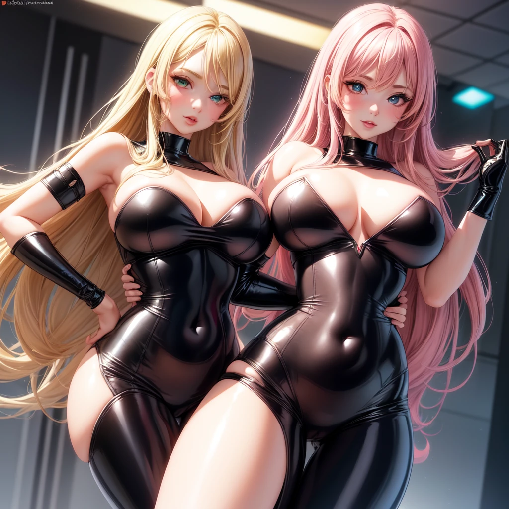 ((2 girls), solo, clevage, Big round perky breasts, lots of clevage, trendy, stylish, clevage, thighs, hips, realistic, pink hair, blonde hair, light green eyes, lip gloss, detailed face, amazing big eyes, eye details, big lips, eyebrow details, blush, naughty, mischevious face, HD, good quality, latex clevage