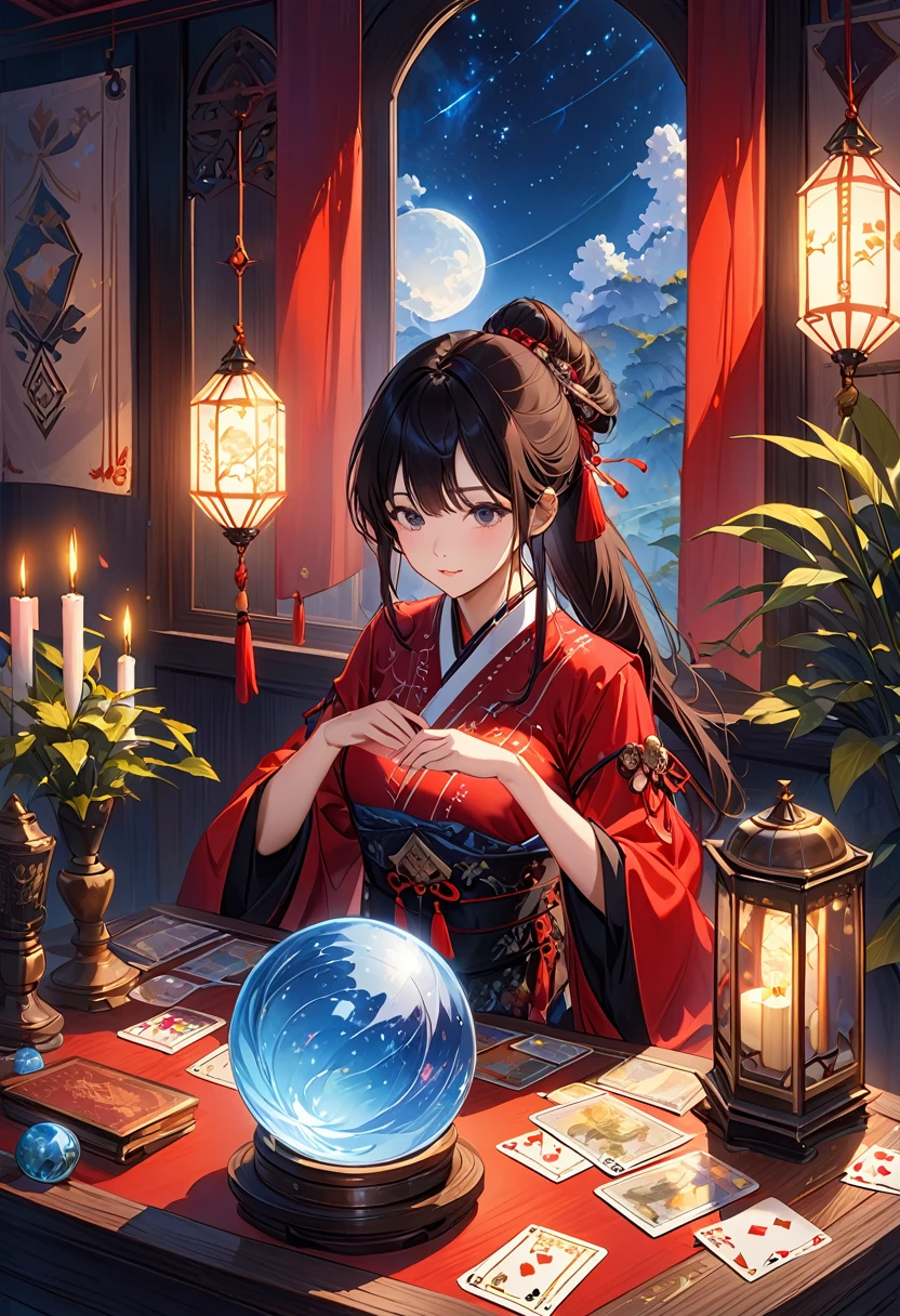 美しく神秘的なfortune teller,Compact and fun environment. ケープを羽織ったfortune teller, Delicate facial features.
The scene is dim, Create an atmosphere of uncertainty and expectation. テーブルに座るfortune teller, Tarot Cardsで飾られた, Crystal Ball, Tarot Cards. The table is surrounded by candles, Creates a mysterious atmosphere.
The lighting in the room was dim, casting seductive shadows,Enhance the mystical atmosphere. Tarot Cardsを持っているfortune teller, Observing Signs to Gain Insight into the Future.
The overall artwork must be of the highest quality, 解像度は4KAlsoは8Kです. The level of detail must be extremely detailed and realistic, Almost photorealism.
Artistic style should reflect official aesthetics, Bright colors,Strong contrast. The color tone is、The mystical and mystical theme of the artwork must be emphasized。.
fortune teller'The cape has an intricate pattern, Metal frame with thickness ratio of 1.5. Also, A decorative border of roses should be incorporated into the piece..
The scene must have a magical atmosphere., Like a night sky full of stars. fortune teller'Facial expressions should convey mystery and curiosity.