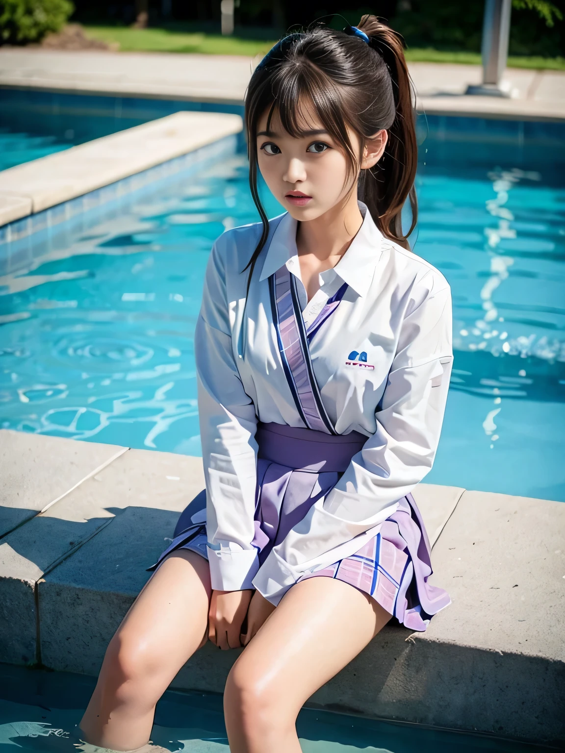 （8K、Live Action、RAW Photos、Highest quality、masterpiece：1.2),(Outdoor,Pool,sunlight:1.2),((Perfect lighting)),(ponytail),Looking at the audience,Upward glance,Viewed from the front,Sexy pose, return,strong,erotic,18-year-old,student,White skin,knees,Absurd,Small face,前hairを真ん中から分けます、The forehead is visible,(Be embarrassed,Squint your eyes,Glare,strong,skinny,skinny,Irritated)、masterpiece,Highest quality、Ultra-high resolution,One person, One personで,Close-up shot、cute、Return to student,(Japanese School Uniform:1.3),high school girl,Japanese women,Are standing,（フォトGenuine：1.37）、Photon Mapping,Genuineistic、cuteSmall face,Brown eyes、prospect、Written boundary depth、blurred returnground、Genuine,(前hairが見える), hair, kneesが見える, thigh,(Nogizaka idol), actress、Small, shapely breasts、Super quality、Low people、(Skin with visible pores:1.2)、(Focus on the face)、Small face、7 Head to Body、Check and fix the skeleton
