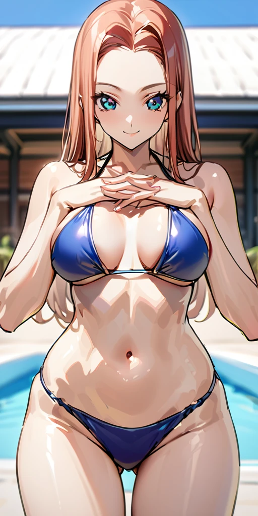 ((Highest quality、、masterpiece:1.3))、Long legs、Sharp focus:1.2, Beautiful woman with perfect figure:1.4、(Smiling:1.2), double eyelid、30-year-old female、Sexy pose、((((Close your mouth、One Woman、bikini)))),(((((one women,pool side:1.5)))))、((standing, cowboy shot:1.5))