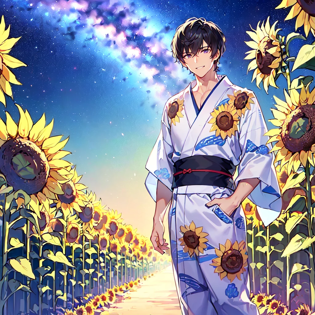 masterpiece,best quality,high quality,(1 male austere handsome solo adult age 30 years old:1.5), purple eyes, cool with suspended eyes, V-shaped eyebrows, body strong and fearless 8.5 head tall, height 185cm, (well-groomed black short hair down to neck:1.4), (bangs 7 thirds parted:1.4), slender nose, facial muscles, throat, (pants with yukata print summer fashion:1.3), (stylish pose), (cool smile:1.3), (background sunflower flower field:1.3)  ,( Milky Way Night Sky: 1.3) 