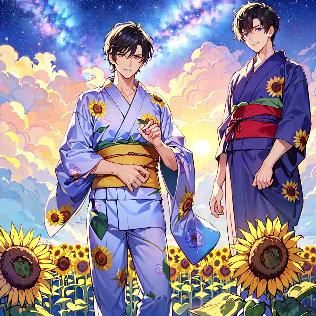 masterpiece,best quality,high quality,(1 male austere handsome solo adult age 30 years old:1.5), purple eyes, cool with suspended eyes, V-shaped eyebrows, body strong and fearless 8.5 head tall, height 185cm, (well-groomed black short hair down to neck:1.4), (bangs 7 thirds parted:1.4), slender nose, facial muscles, throat, (pants with yukata print summer fashion:1.3), (stylish pose), (cool smile:1.3), (background sunflower flower field:1.3) ,( Milky Way Night Sky: 1.3)