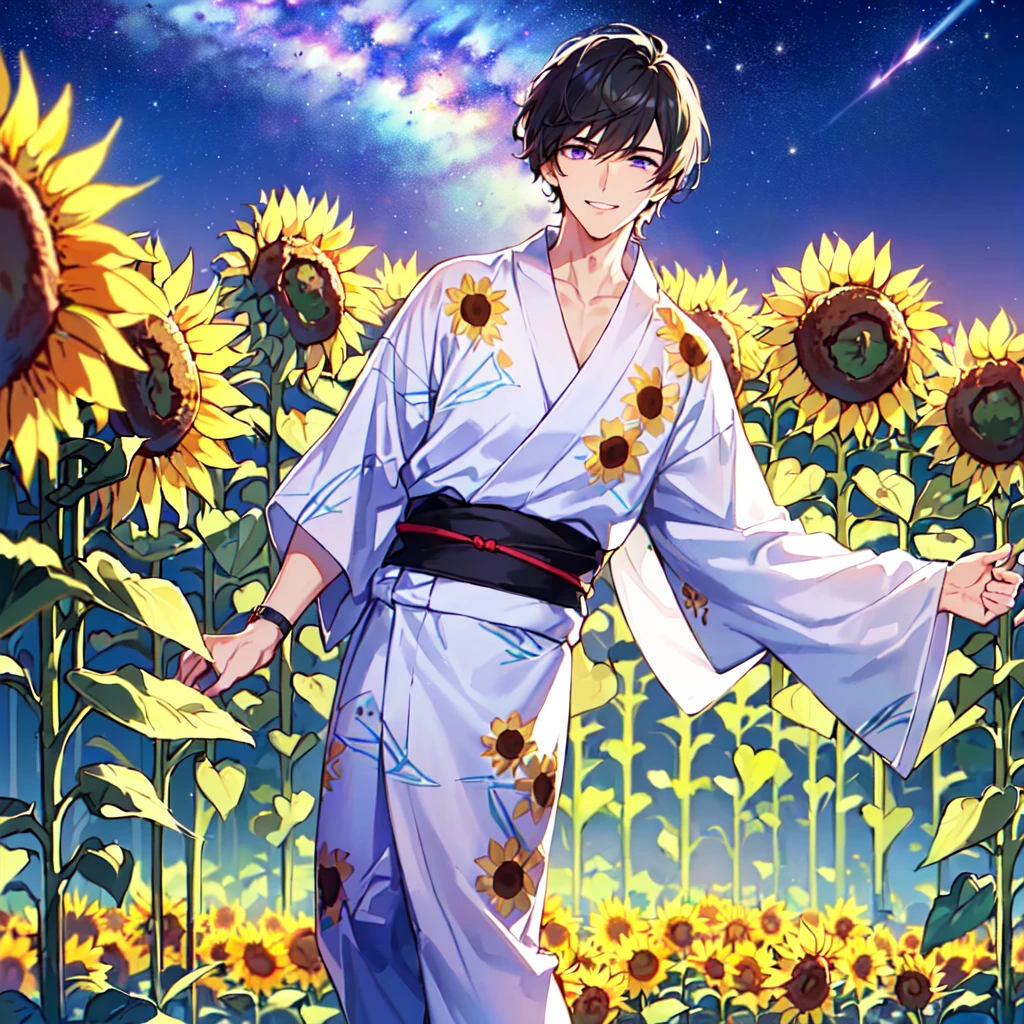 masterpiece,best quality,high quality,(1 male austere handsome solo adult age 30 years old:1.5), purple eyes, cool with suspended eyes, V-shaped eyebrows, body strong and fearless 8.5 head tall, height 185cm, (well-groomed black short hair down to neck:1.4), (bangs 7 thirds parted:1.4), slender nose, facial muscles, throat, (pants with yukata print summer fashion:1.3), (stylish pose), (cool smile:1.3), (background sunflower flower field:1.3) ,( Milky Way Night Sky: 1.3)