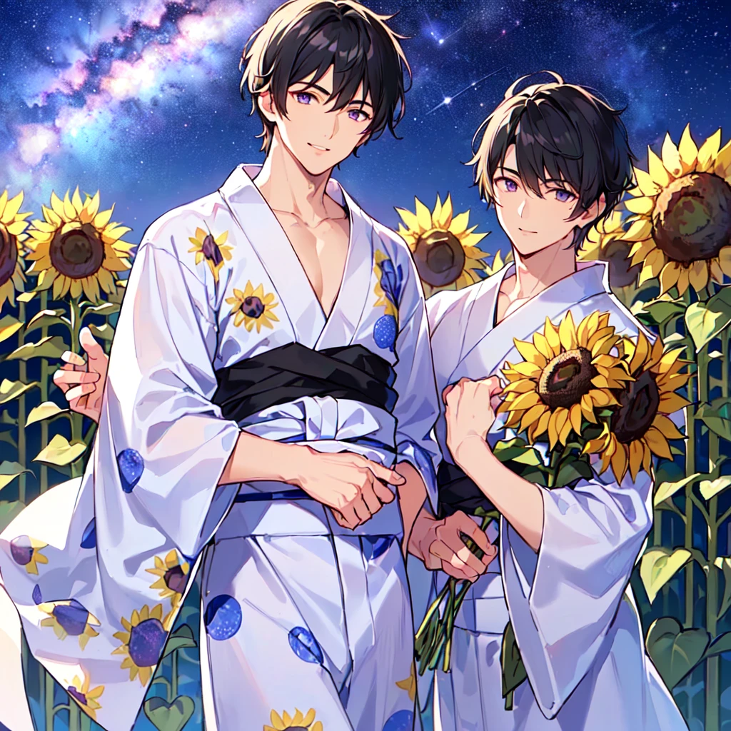 masterpiece,best quality,high quality,(1 male austere handsome solo adult age 30 years old:1.5), purple eyes, cool with suspended eyes, V-shaped eyebrows, body strong and fearless 8.5 head tall, height 185cm, (well-groomed black short hair down to neck:1.4), (bangs 7 thirds parted:1.4), slender nose, facial muscles, throat, (pants with yukata print summer fashion:1.3), (stylish pose), (cool smile:1.3), (background sunflower flower field:1.3) ,( Milky Way Night Sky: 1.3)