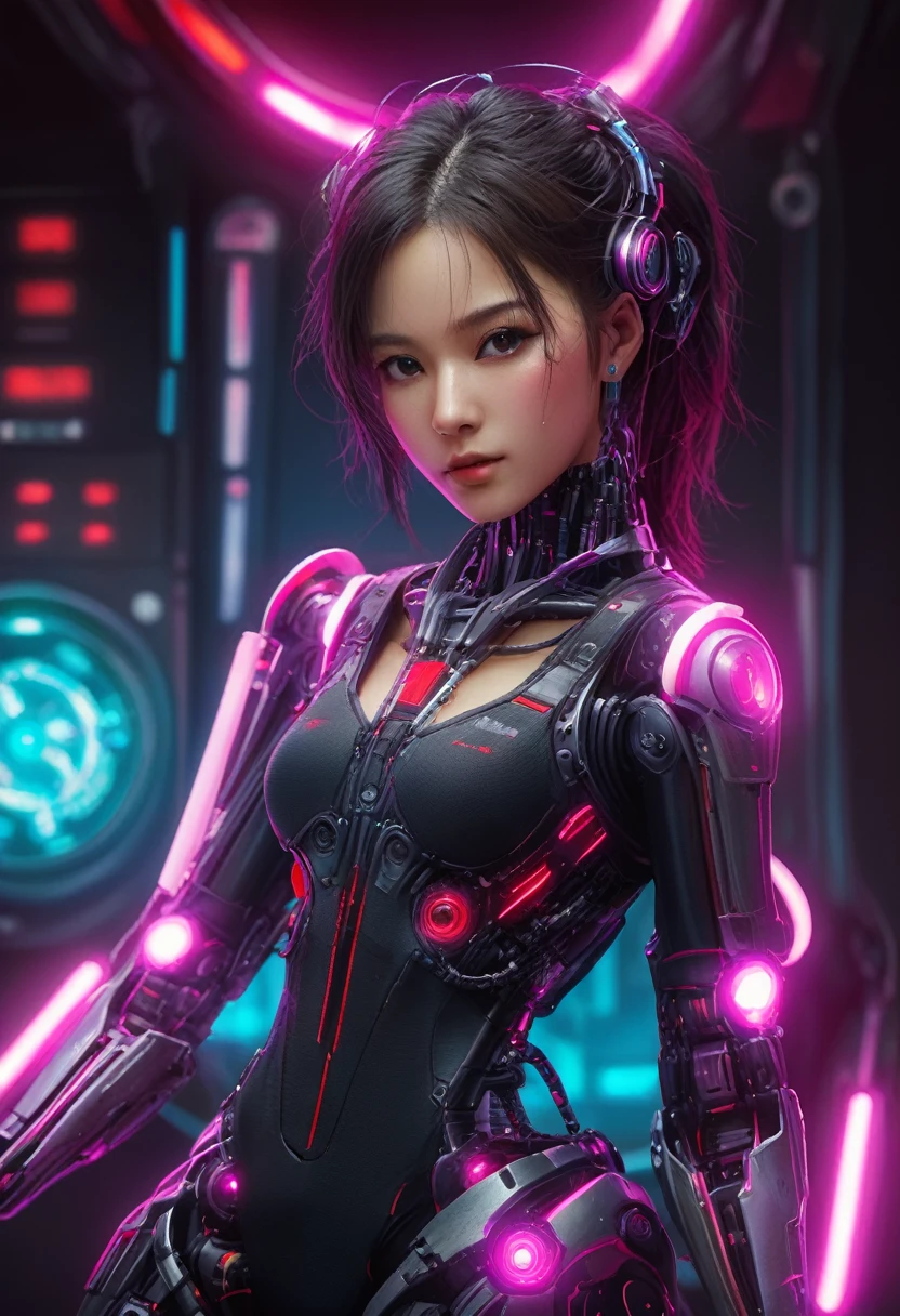 xxmixgirl. Highly detailed professional 35mm film, bokeh, face in sharp focus. A robotic female, Miku, with ((metal skin)), ((perfect Asian eyes)) with magenta irises and ((black pupils)), beautiful serious (detailed face), 18 year old ((photorealistic face)), very long magenta twin tails of magenta hair, twin black hair ties with a single red stripe. She may have a black audio headpiece. We can see her ((full body)) down to her boot soles. Her outfit is a sleeveless collared light grey shirt, outlined in red around the frilled collar and hems. Shiny reflective ((metallic breast cups, dimpleless)), invisible nipples. She wears black sleeves with red hems that start around her upper arm and bellow out as the sleeves open and extend to her wrists, with wide trumpet red rimmed cuffs. She has perfect robotic (detailed hands). She wears a red colored tie with two horizontal solid parallel black lines halfway across. She wears a fabric black skirt with a horizontal red hem at the bottom all the way around; her (((black skirt wraps around her))) and ((her skirt completely covers)) her robotic waist and thighs. Tall black boots with red bottom soles, a red rim around the top at her thighs. Her mechanical shoulder joints are visible. We can see her robotic legs and robotic neck. Half of her is covered with shiny polished machinery. The background is a distant dark neon futuristic Japanese city, gold, cyan, violet neon, near harbor or mountains.