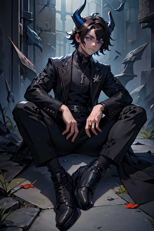 Femboy, dark hair, sitting, dark outfit, short hair, blue eyes, dragon horns