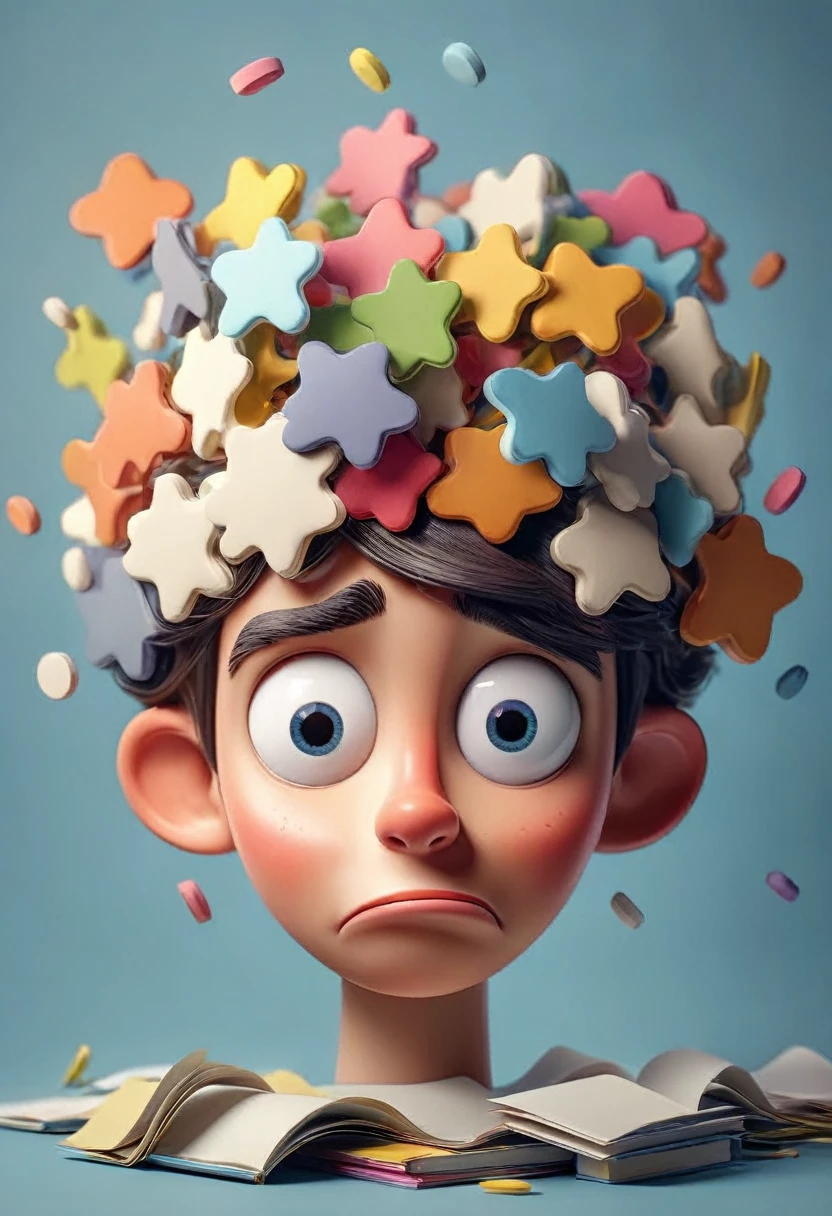 with head sticking out multiple thoughts attention deficit hyperactivity disorder, smiling and with normal eyes