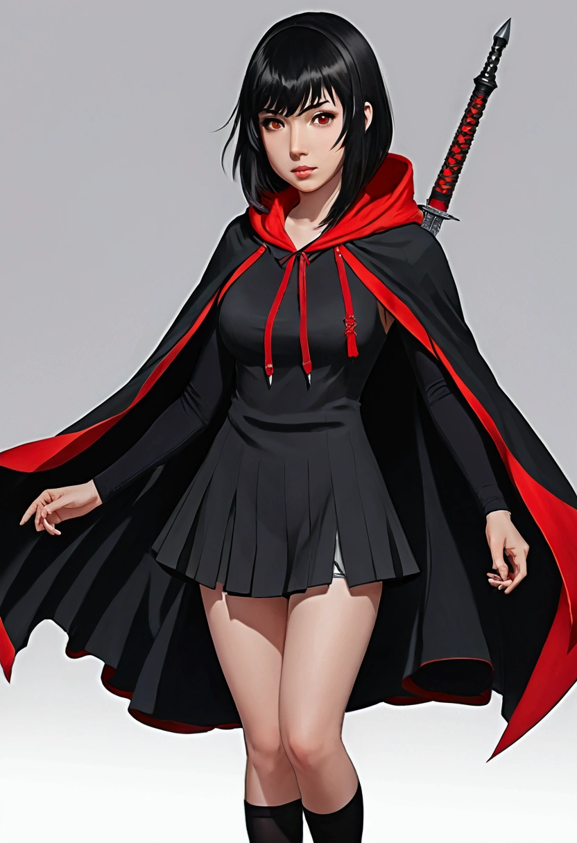 1 girl, Black hair with red tips, short hair with bangs, black dress or skirt, black large cape hood, with a kunai in his hand, anime style