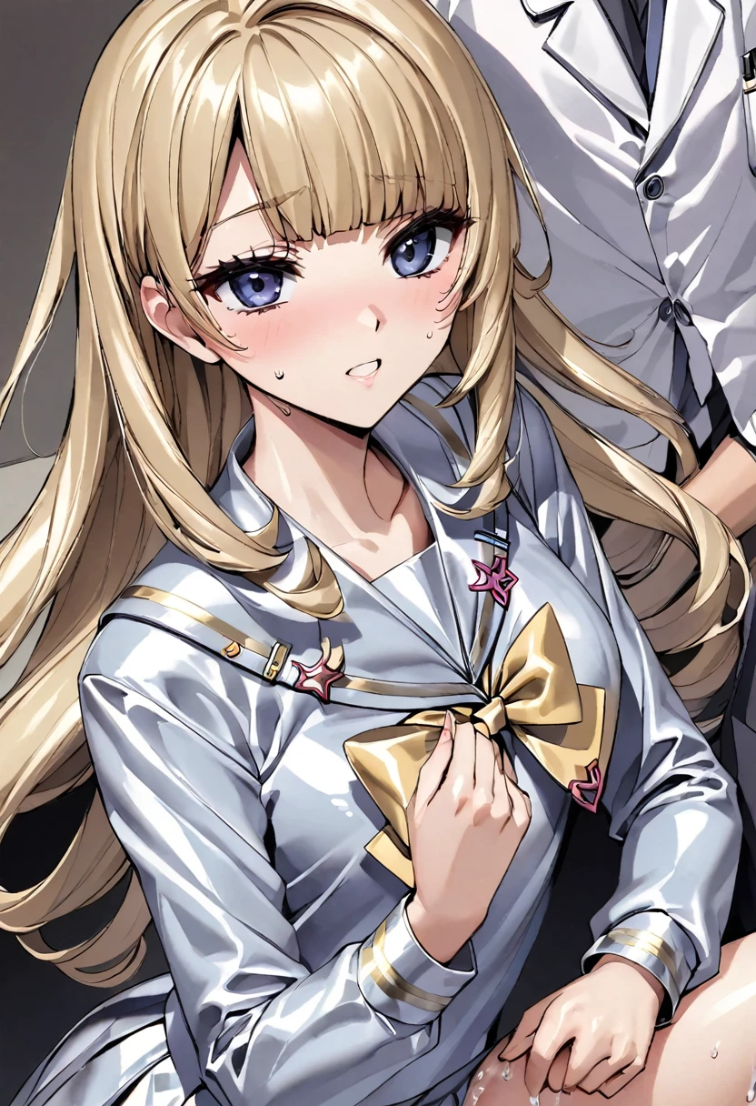 A 15-year-old super beautiful blonde Japanese girl wearing a super shiny dark blue long sleeve sailor suit made of latex　A pussy covered in white slime and pubic hair is forced open　She was raped by the doctor and had sex in the missionary position while crying