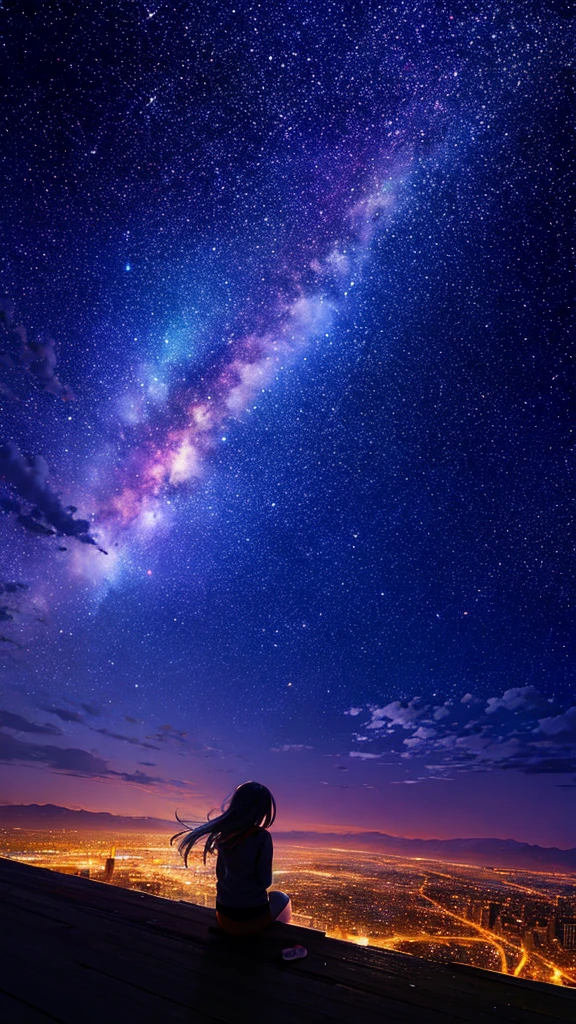 octans, sky, star (sky), scenery, starry sky, night, 1girl, night sky, solo, outdoors, building, cloud, milky way, sitting, tree, long hair, city, silhouette, cityscape