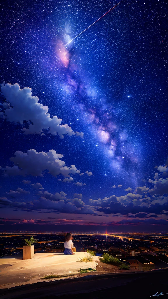 octans, sky, star (sky), scenery, starry sky, night, 1girl, night sky, solo, outdoors, building, cloud, milky way, sitting, tree, long hair, city, silhouette, cityscape