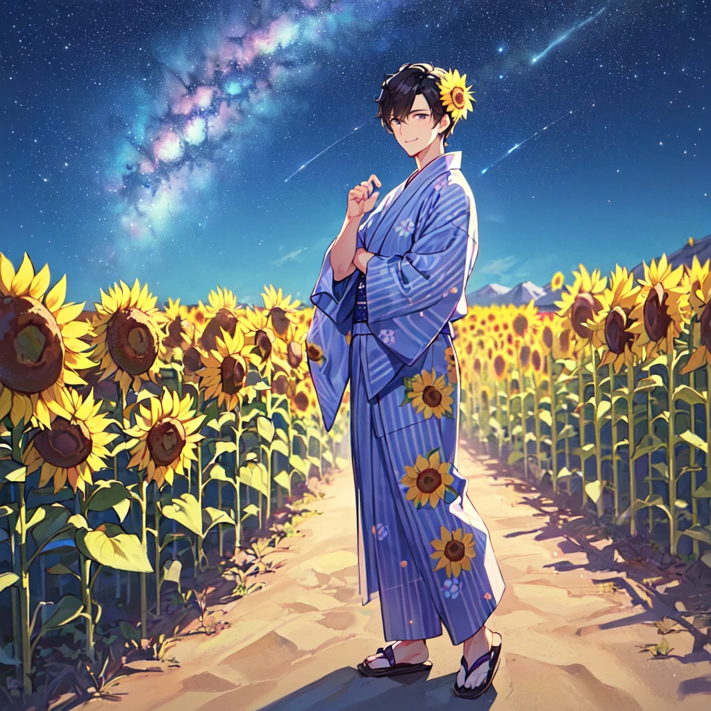 masterpiece,best quality,high quality,(1 male austere handsome solo adult age 30 years old:1.5), purple eyes, cool with suspended eyes, V-shaped eyebrows, body strong and fearless 8.5 head tall, height 185cm, (well-groomed black short hair down to neck:1.4), (bangs 7 thirds parted:1.4), slender nose, facial muscles, throat, (pants with yukata print summer fashion:1.3), (stylish pose), (cool smile:1.3), (background sunflower flower field:1.3) ,( Milky Way Night Sky: 1.3)