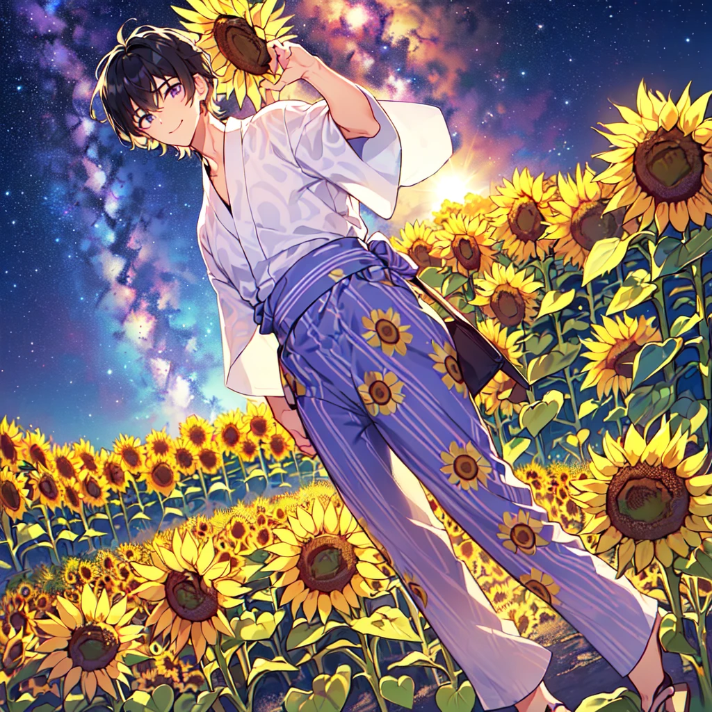 masterpiece,best quality,high quality,(1 male austere handsome solo adult age 30 years old:1.5), purple eyes, cool with suspended eyes, V-shaped eyebrows, body strong and fearless 8.5 head tall, height 185cm, (well-groomed black short hair down to neck:1.4), (bangs 7 thirds parted:1.4), slender nose, facial muscles, throat, (pants with yukata print summer fashion:1.3), (stylish pose), (cool smile:1.3), (background sunflower flower field:1.3) ,( Milky Way Night Sky: 1.3)