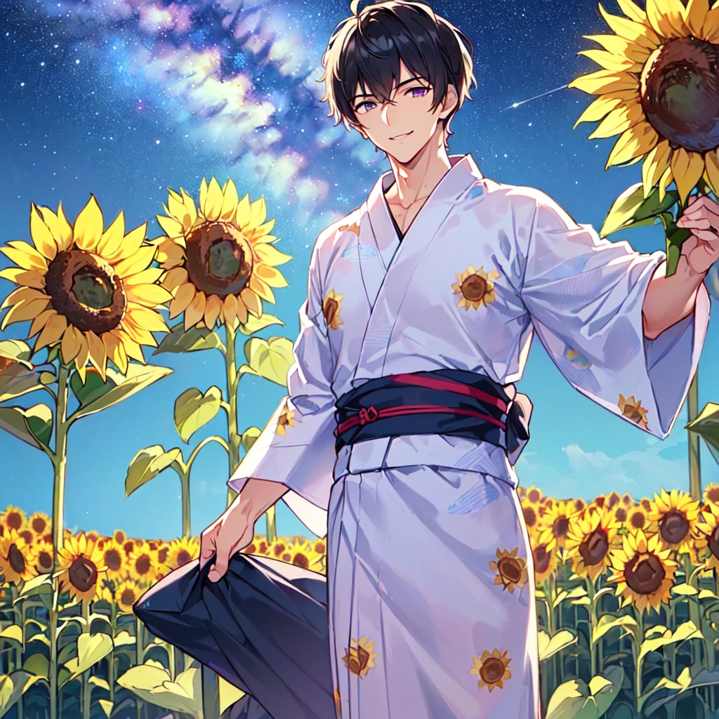 masterpiece,best quality,high quality,(1 male austere handsome solo adult age 30 years old:1.5), purple eyes, cool with suspended eyes, V-shaped eyebrows, body strong and fearless 8.5 head tall, height 185cm, (well-groomed black short hair down to neck:1.4), (bangs 7 thirds parted:1.4), slender nose, facial muscles, throat, (pants with yukata print summer fashion:1.3), (stylish pose), (cool smile:1.3), (background sunflower flower field:1.3) ,( Milky Way Night Sky: 1.3)