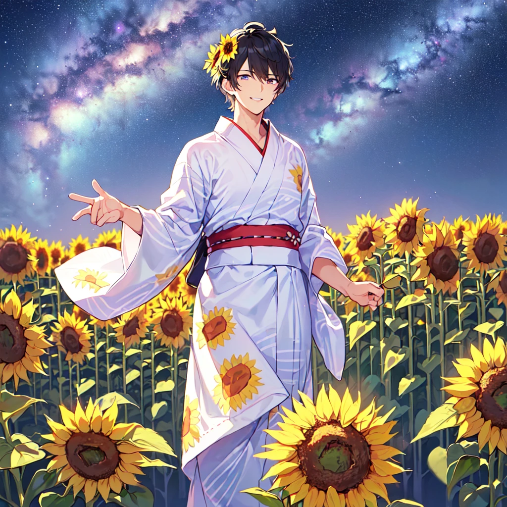 masterpiece,best quality,high quality,(1 male austere handsome solo adult age 30 years old:1.5), purple eyes, cool with suspended eyes, V-shaped eyebrows, body strong and fearless 8.5 head tall, height 185cm, (well-groomed black short hair down to neck:1.4), (bangs 7 thirds parted:1.4), slender nose, facial muscles, throat, (pants with yukata print summer fashion:1.3), (stylish pose), (cool smile:1.3), (background sunflower flower field:1.3) ,( Milky Way Night Sky: 1.3)