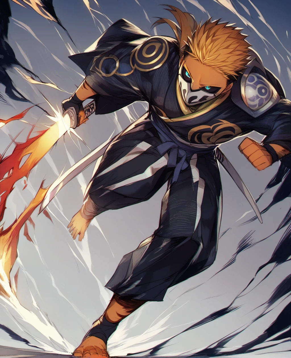absurderes, (best qualityer), (work of art),(ultra detali:1.2),dutch angle,
1 young boy,(wide stance:1.1),holding katana, katana longa,苗条,
ichigo kurosaki, short body hair,orange body hair, spiked_body hair,Black Sclera,Japanese clothing, black kimono,hakama,long sleeves,wide sleeves,
Running ,
emptying,mask,
black lightning,black fire,dark red lightning,
dark theme,