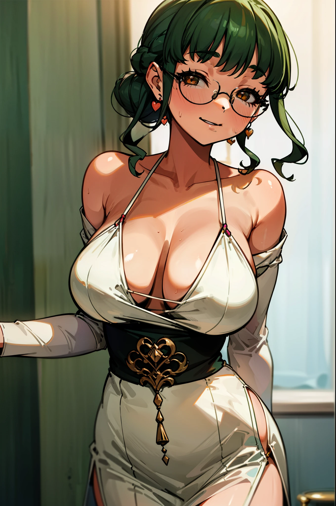 (Masterpiece), Best Quality, ultra-detailed, 1girl ( anosillus II, Slender and sexy body, Big and pretty breasts, naked body, dark green hair, brown eyes, half-closed eyes, spectacles), a shallow face, smirk, parted lips, solo, nose blush, blush, facing viewer, looking at viewer, off shoulder dress, ornate dress, cleavage, bows, long dress, in the livingroom, night time, standing, Sexy waist teasing,