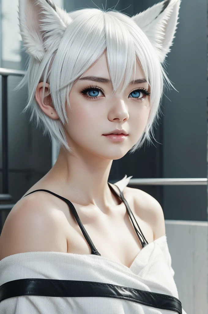 Illustration of anime girl with wolf ears, short white hair, white pupils, black scleras, pale skin