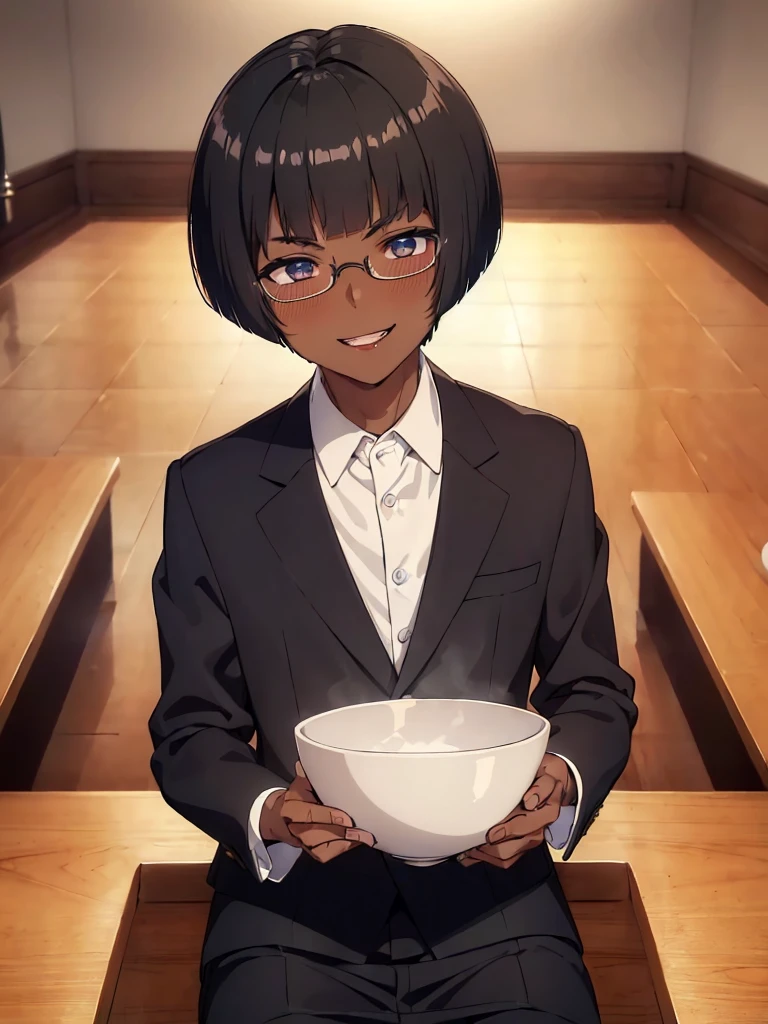 (1 boy:1.5),(dark skin:1.5),(masterpiece:1.2), highest quality, High resolution, unity 8k wallpaper, (fine and beautiful eyes:1.6), highly detailed face, perfect lighting, Detailed CG, (perfect hands, perfect anatomy),20 years old, (black hair:1.3), detailed eyes, best quality, extremely detailed, very precise detailed, (glasses:1.4), , (straight hair:1.5), (evil smile:1.4) ,long sidelocks, (blush:1.3),(bowl cut:1.4),(blunt bangs:1.4), (greaming skin:1.3),(sit:1.4),(flat chest),(business suit),(open mouth),pencil Skirt