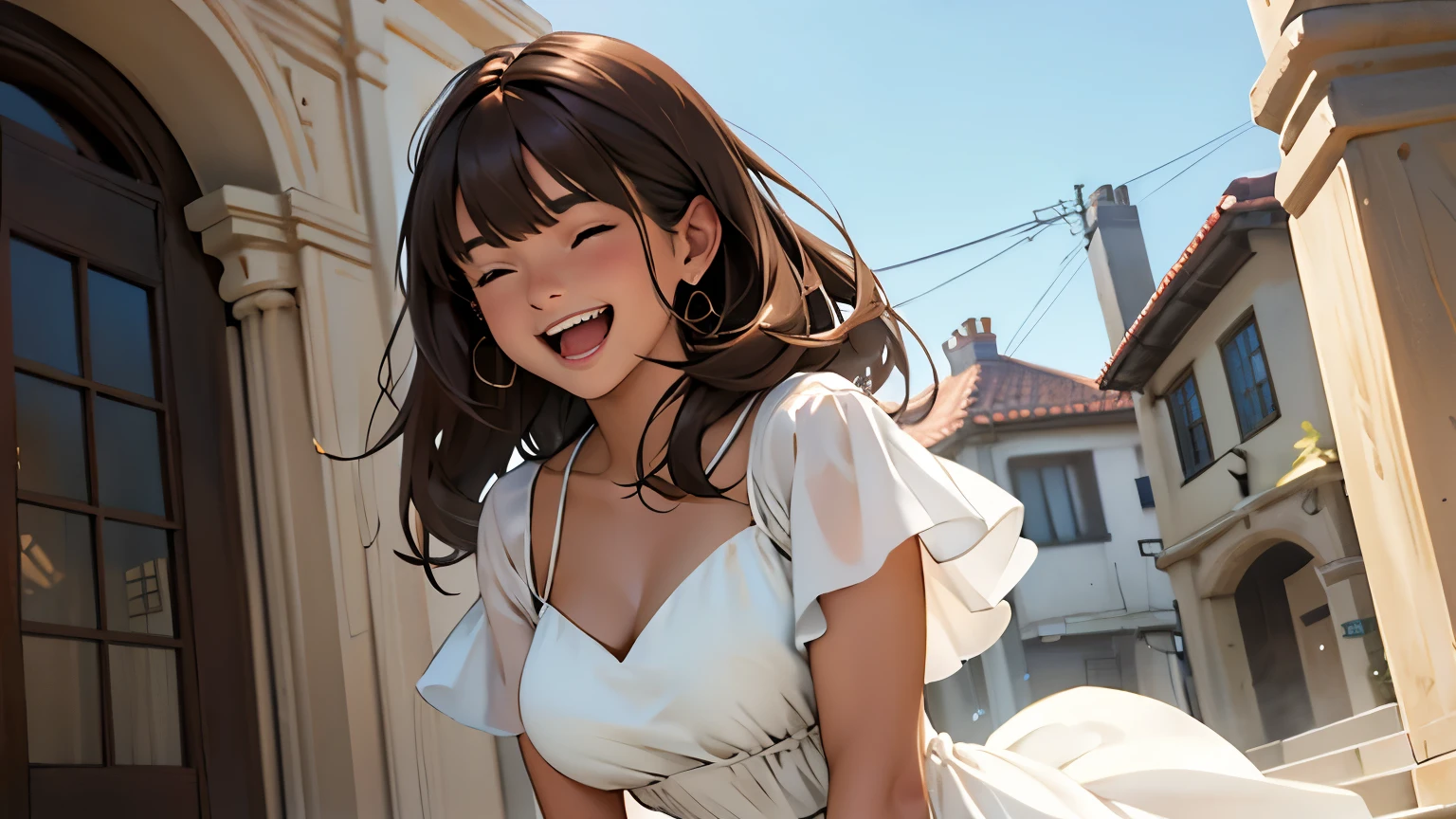 ((best quality)), ((work of art)), ((detailed)), woman with brown hair, bangs, laughing out loud, wearing a white dress