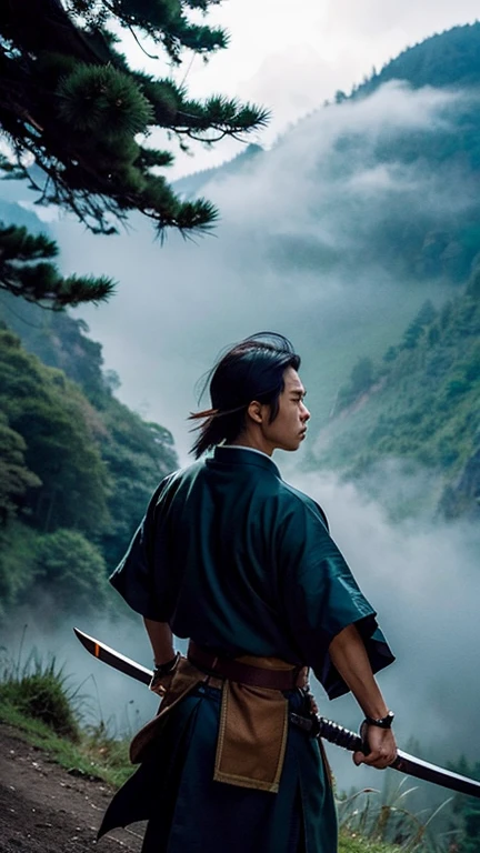 (Masterpiece, highest quality, super definition), (film stills, film stills), photography, volumetric lighting, slow shutter, RAW, super sharp focus, beautiful skin, film grain texture, analog aesthetic, dynamic composition, beautiful natural skin, (glossy skin: 1.4), Action scene of Miyamoto Musashi, a beautiful swordsman of the Niten Ichiryu school, fighting on a misty mountain road before dawn during the Warring States period. Traditional samurai attire, holding a famous sword reflecting light in the fog, quick and precise movements, mysterious atmosphere, high-quality, high-resolution realistic live-action footage.