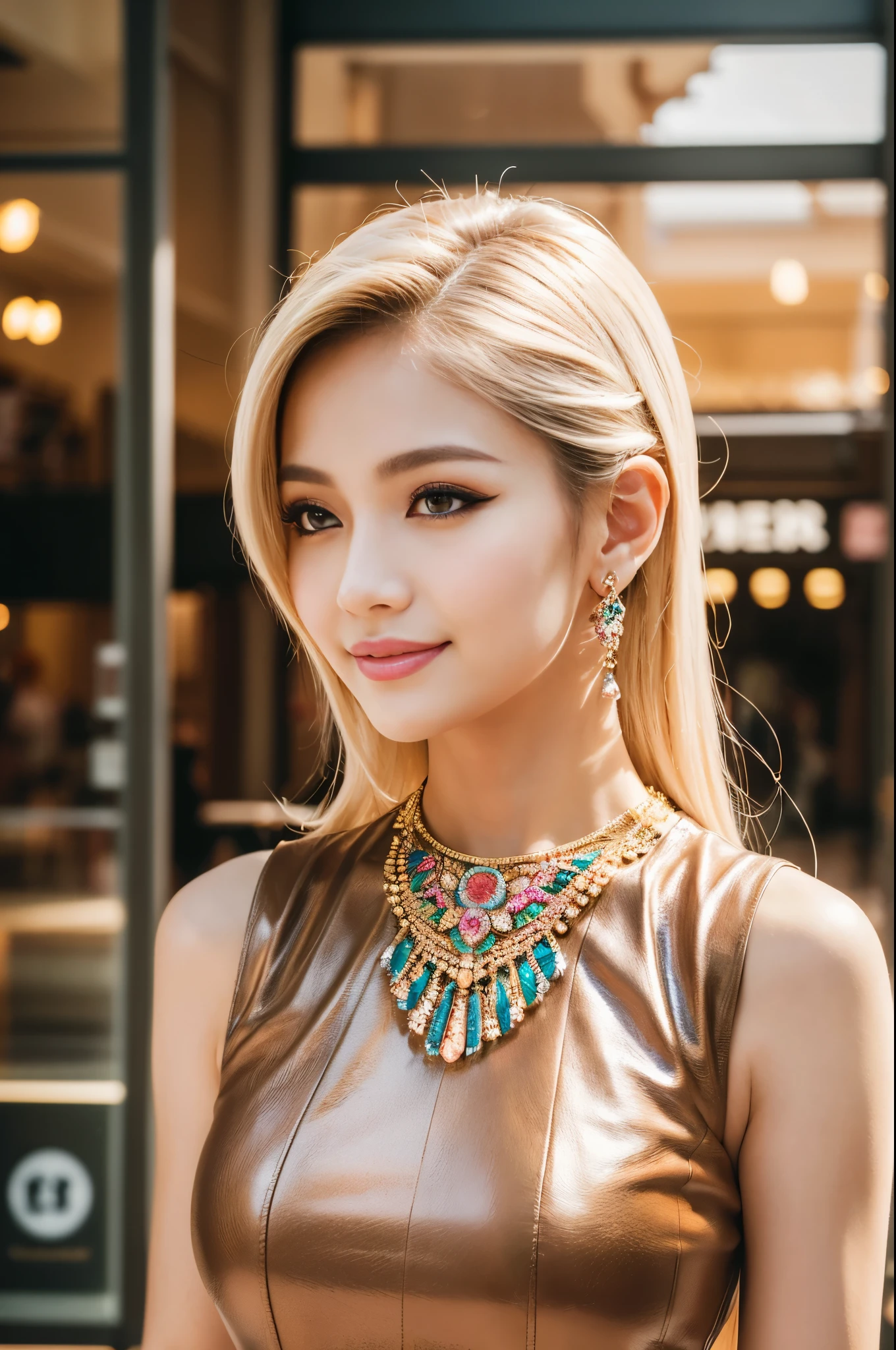 (best quality, 4k ,8k, highres, masterpiece:1.2), ultra-detailed, (realistic, photorealistic, photo-realistic:1.37), closeup, sexy seductive Thai woman, (seductive smile), long lashes, eyeliner, dramatic makeup, defined eyebrows, platinum blonde hair, fair skin, slender figure, elegant posture, wearing large sparkling colorful jewelery, wearing a business style leather dress, standing in a large shopping mall, gentle sunlight shining through the shopping mall windows, casting a soft glow on her face, adding warmth to the scene, vibrant colors, capturing the essence of vibrant city life, portrait style, showcasing her natural beauty and grace in a feminine way