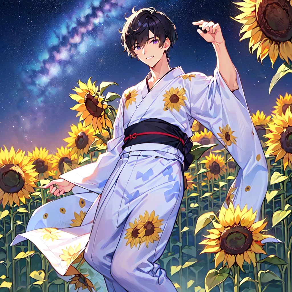 masterpiece,best quality,high quality,(1 male austere handsome solo adult age 30 years old:1.5), purple eyes, cool with suspended eyes, V-shaped eyebrows, body strong and fearless 8.5 head tall, height 185cm, (well-groomed black short hair down to neck:1.4), (bangs 7 thirds parted:1.4), slender nose, facial muscles, throat, (pants with yukata print summer fashion:1.3), (stylish pose), (cool smile:1.3), (background sunflower flower field:1.3) ,( Milky Way Night Sky: 1.3)