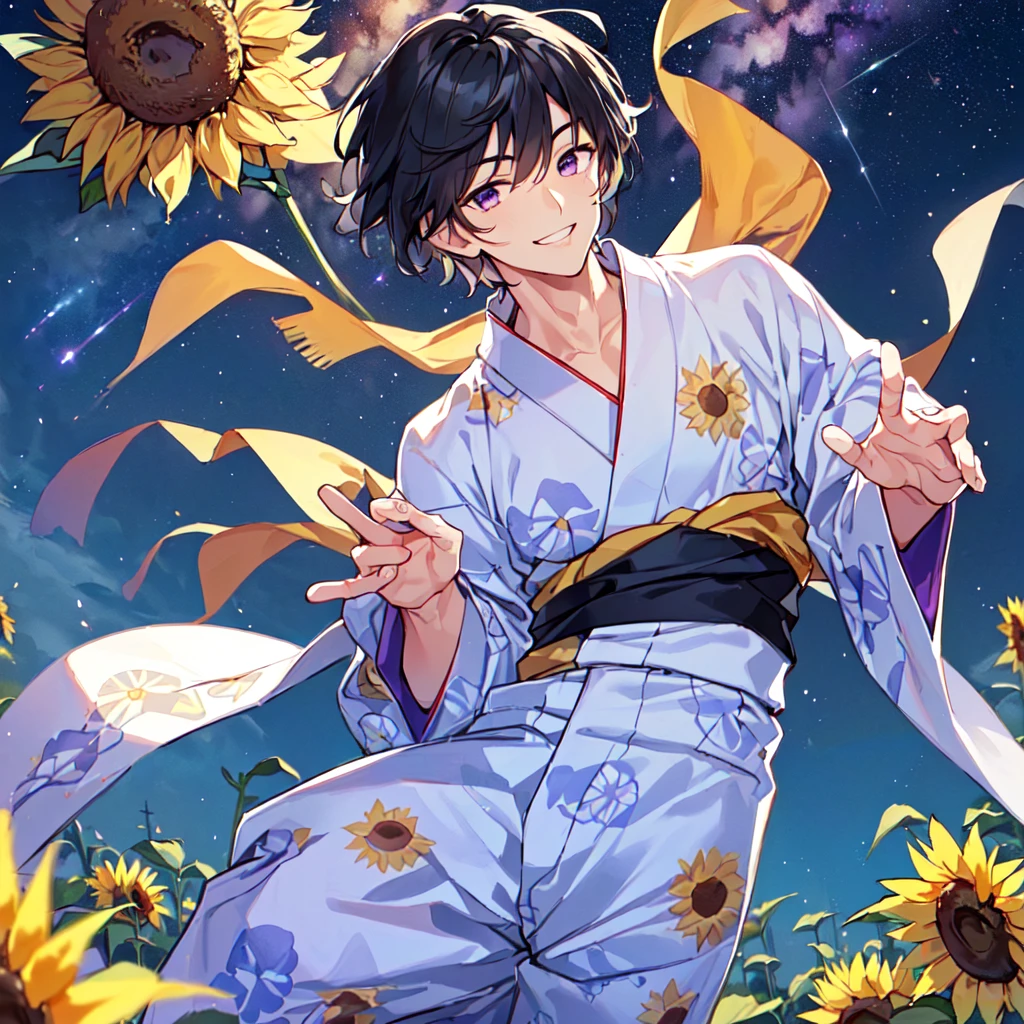 masterpiece,best quality,high quality,(1 male austere handsome solo adult age 30 years old:1.5), purple eyes, cool with suspended eyes, V-shaped eyebrows, body strong and fearless 8.5 head tall, height 185cm, (well-groomed black short hair down to neck:1.4), (bangs 7 thirds parted:1.4), slender nose, facial muscles, throat, (pants with yukata print summer fashion:1.3), (stylish pose), (cool smile:1.3), (background sunflower flower field:1.3) ,( Milky Way Night Sky: 1.3)