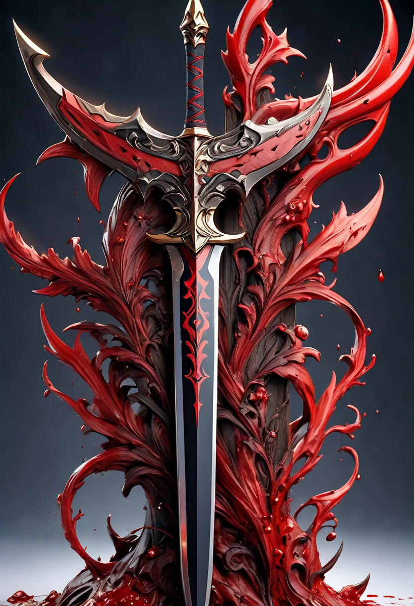 masterpiece, 8k, best quality, highly detailed, a black & red trident that covered in fresh blood