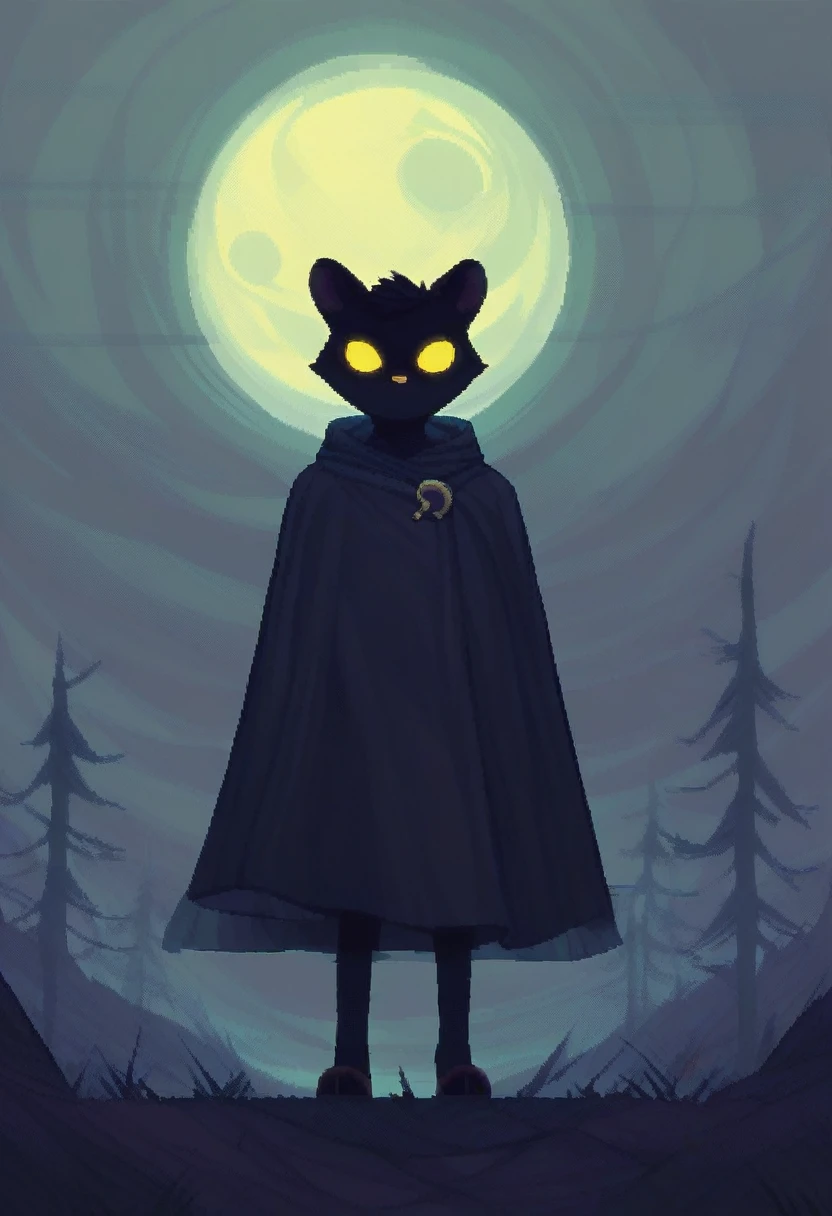 black furry bunny standing under the moonlight wearing a cloak and has glowing yellow eyes , dark background, high detail, no light, Pixel art of a woods landscape in the middle of the night, mistic, full moon, moonlight, (flat shading:1.2), (minimalist:1.4)

