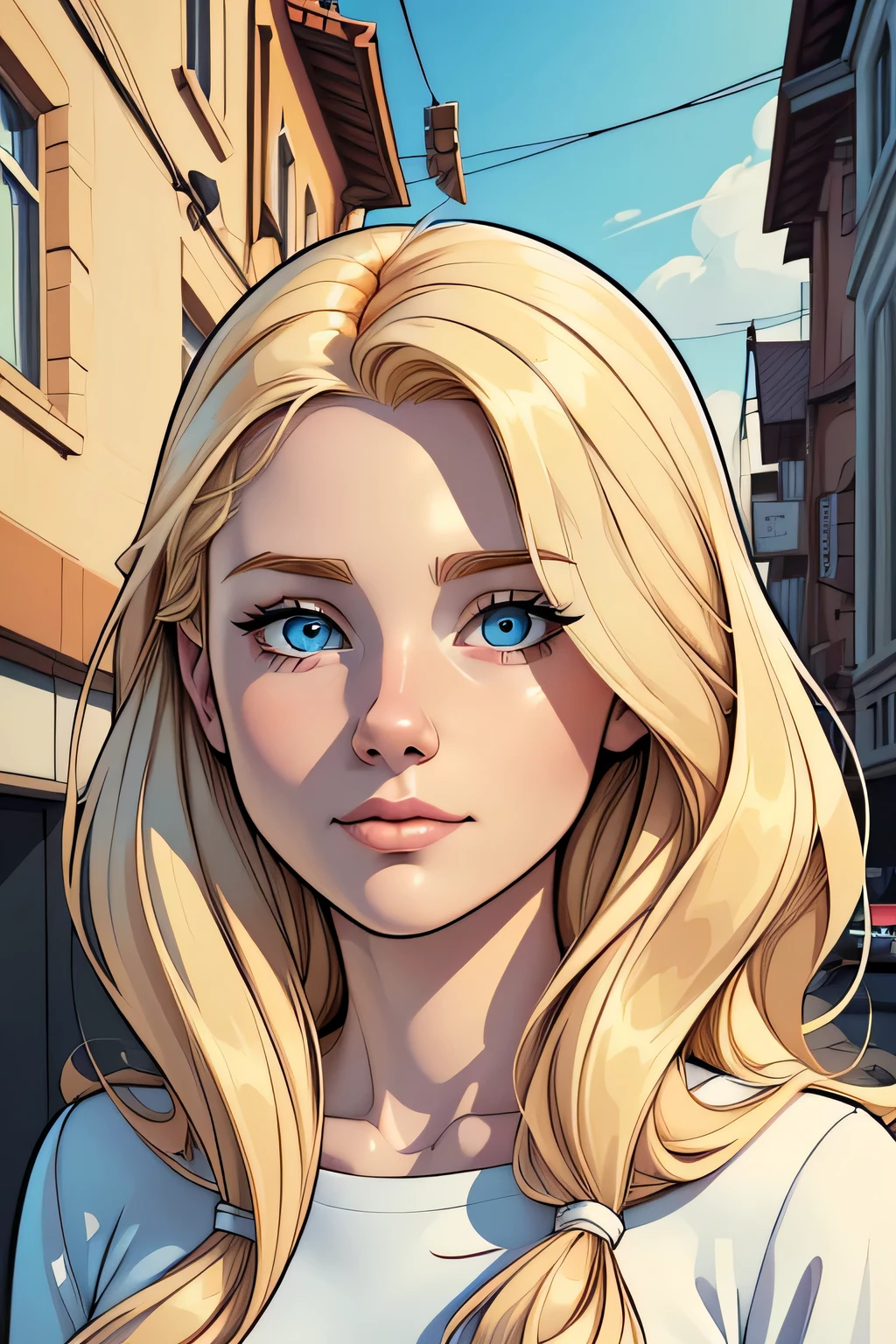 (digital art, digital illustration, portait, 4K, 8K, cartoon style:1.2),1 female,(long golden blonde hair,18 years old,soft blue eyes,innocent looking,cute,pale skin,innocent look,white clothes,looking at the viewer,shy,western european look, cartoon art style, cartoonish, cute girl, cartoon style illustration, digital illustration style, highly detailed character design, city fan art, beautiful digital illustration, comic book art