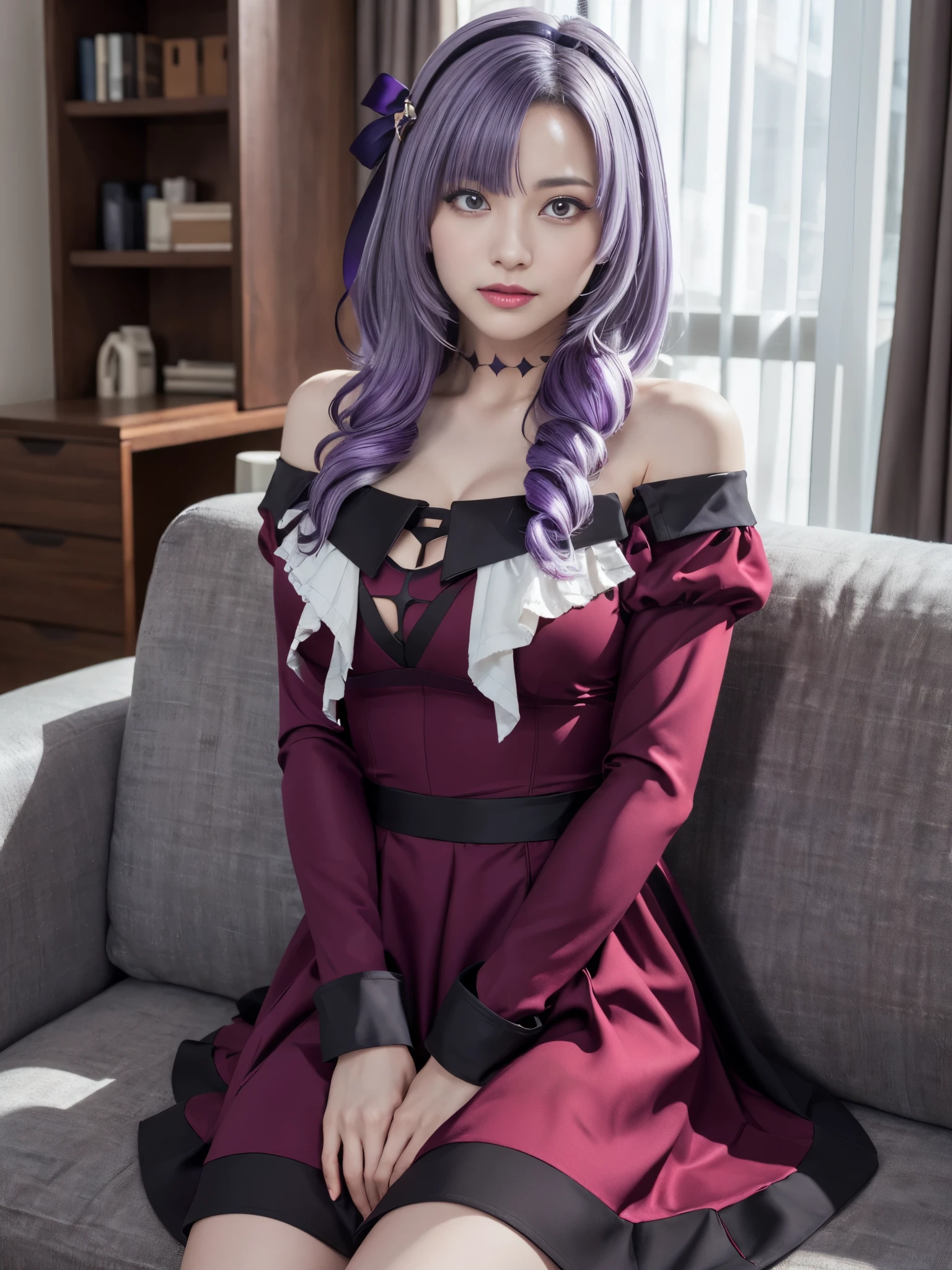 Sur 1:37, masterpiece, Highest quality, High resolution, Humsalome, Drill Hair, Parted bangs, Black Hair Band, ribbon, Purple eyes, , Bright purple hair, Big Breasts, Red dress, Long sleeve, Expose your shoulders, bare hands, Cowboy Shot, Sitting, sofa, テーブル Purple eyes, 