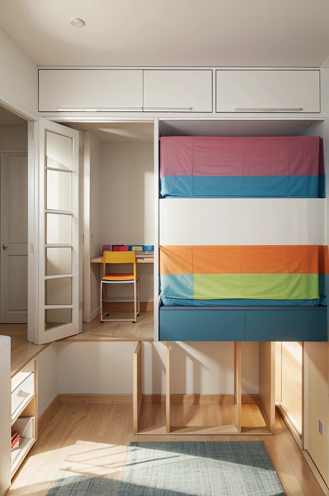 Make a sleeping room for children with color blindness, architectural perspectives of architectural plan, colored with pencil, with measurements in meters, use varied colors