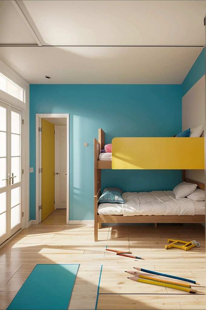 Make a sleeping room for children with color blindness, architectural perspectives of architectural plan, colored with pencil, with measurements in meters, use varied colors