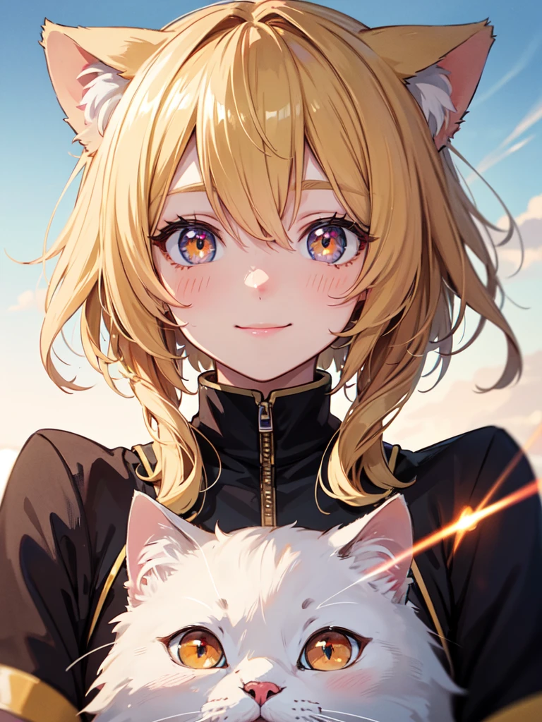 hair over shoulder, wavy hair, hair strand, shiny hair, blonde hair, eye reflection, glowing eyes, slit pupils, amber eyes, cat ears, smile, blush, glint, happy, anime, anime style, En plein air, high detail, cinematic lighting, ray tracing, reflection light, masterpiece, accurate, anatomically correct, super detail, high details, high quality, best quality, highres, 4K
