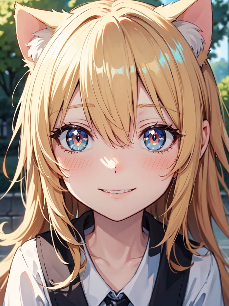 hair over shoulder, wavy hair, hair strand, shiny hair, blonde hair, eye reflection, glowing eyes, slit pupils, amber eyes, cat ears, smile, blush, glint, happy, anime, anime style, En plein air, high detail, cinematic lighting, ray tracing, reflection light, masterpiece, accurate, anatomically correct, super detail, high details, high quality, best quality, highres, 4K
