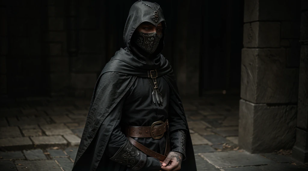 a medieval man wearing a black cloak, ornate mask, medieval clothing, detailed face, dramatic lighting, cinematic, dark fantasy, moody atmosphere, chiaroscuro