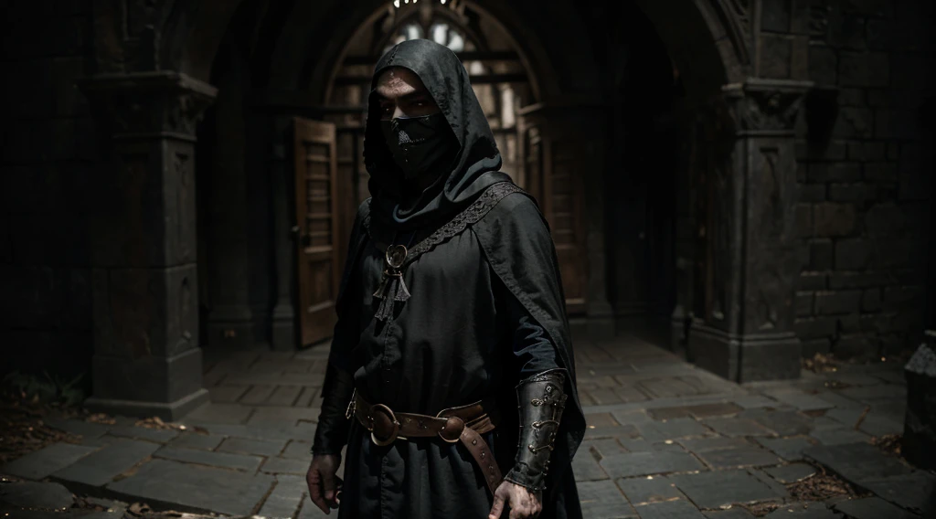 a medieval man wearing a black cloak, ornate mask, medieval clothing, detailed face, dramatic lighting, cinematic, dark fantasy, moody atmosphere, chiaroscuro