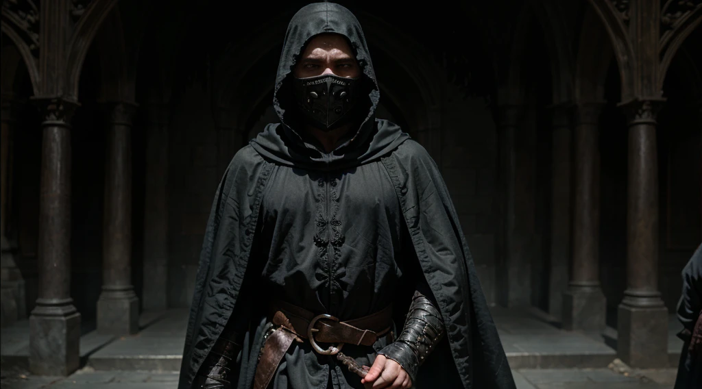 a medieval man wearing a black cloak, ornate mask, medieval clothing, detailed face, dramatic lighting, cinematic, dark fantasy, moody atmosphere, chiaroscuro