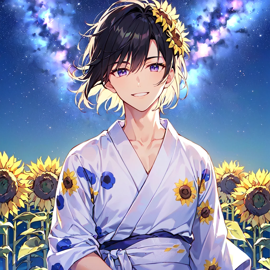 masterpiece,best quality,high quality,(1 male austere handsome solo adult age 30 years old:1.5), purple eyes, cool with suspended eyes, V-shaped eyebrows, body strong and fearless 8.5 head tall, height 185cm, (well-groomed black short hair down to neck:1.4), (bangs 7 thirds parted:1.4), slender nose, facial muscles, throat, (pants with yukata print summer fashion:1.3), (stylish pose), (cool smile:1.3), (background sunflower flower field:1.3) ,( Milky Way Night Sky: 1.3), (upper body:1.3)