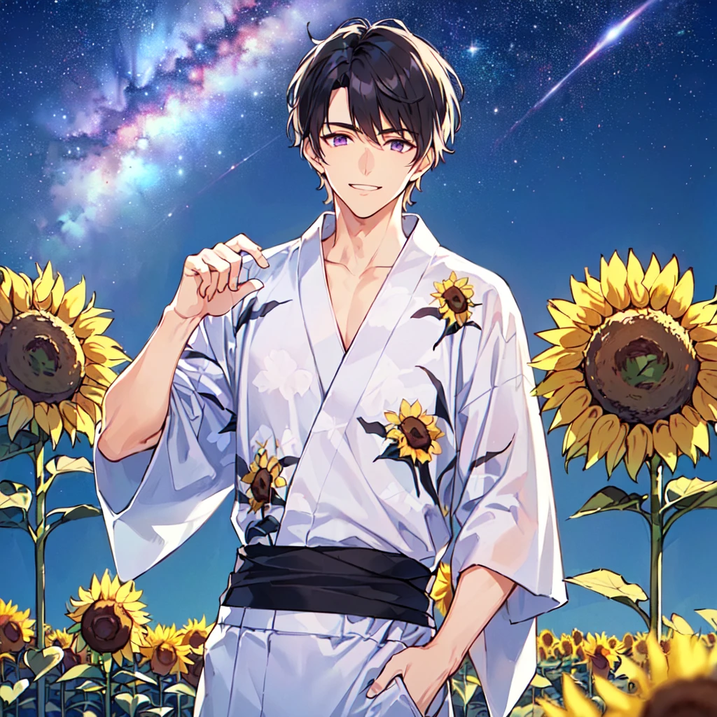 masterpiece,best quality,high quality,(1 male austere handsome solo adult age 30 years old:1.5), purple eyes, cool with suspended eyes, V-shaped eyebrows, body strong and fearless 8.5 head tall, height 185cm, (well-groomed black short hair down to neck:1.4), (bangs 7 thirds parted:1.4), slender nose, facial muscles, throat, (pants with yukata print summer fashion:1.3), (stylish pose), (cool smile:1.3), (background sunflower flower field:1.3) ,( Milky Way Night Sky: 1.3), (upper body:1.3)