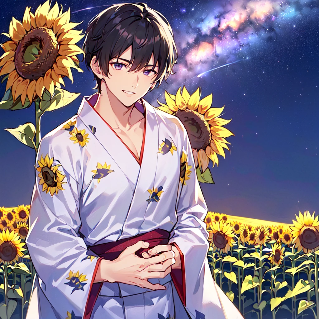 masterpiece,best quality,high quality,(1 male austere handsome solo adult age 30 years old:1.5), purple eyes, cool with suspended eyes, V-shaped eyebrows, body strong and fearless 8.5 head tall, height 185cm, (well-groomed black short hair down to neck:1.4), (bangs 7 thirds parted:1.4), slender nose, facial muscles, throat, (pants with yukata print summer fashion:1.3), (stylish pose), (cool smile:1.3), (background sunflower flower field:1.3) ,( Milky Way Night Sky: 1.3), (upper body:1.3)