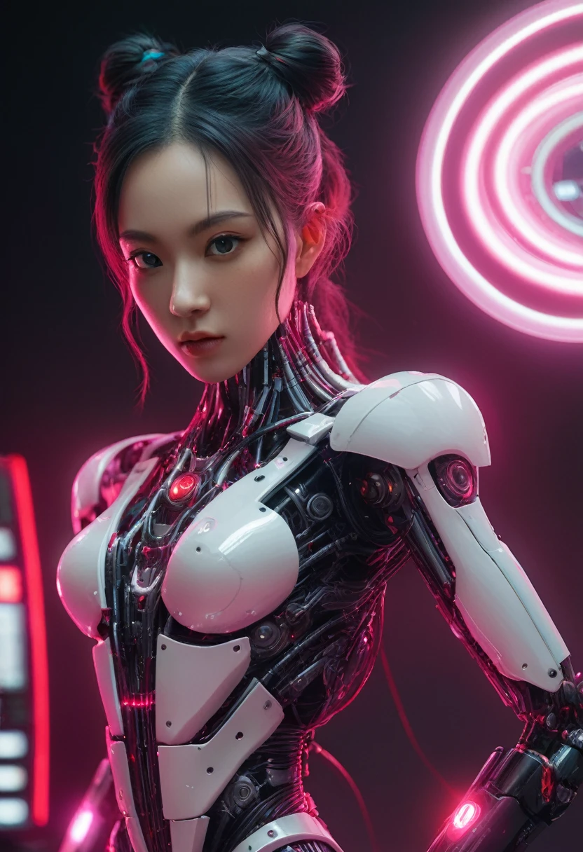 xxmixgirl. Highly detailed professional 35mm film, bokeh, face in sharp focus. A robotic female, Miku, with ((metal skin)), ((perfect Asian eyes)) with magenta irises and ((black pupils)), beautiful serious (detailed face), 18 year old ((photorealistic face)), very long magenta twin tails of magenta hair, twin black hair ties with a single red stripe. She may have a black audio headpiece. We can see her ((full body)) down to her boot soles. Her outfit is a sleeveless collared light grey shirt, outlined in red around the frilled collar and hems. Shiny reflective ((metallic breast cups, dimpleless)), invisible nipples. She wears black sleeves with red hems that start around her upper arm and bellow out as the sleeves open and extend to her wrists, with wide trumpet red rimmed cuffs. She has perfect robotic (detailed hands). She wears a red colored tie with two horizontal solid parallel black lines halfway across. She wears a fabric black skirt with a horizontal red hem at the bottom all the way around; her (((black skirt wraps around her))) and ((her skirt completely covers)) her robotic waist and thighs. Tall black boots with red bottom soles, a red rim around the top at her thighs. Her mechanical shoulder joints are visible. We can see her robotic legs and robotic neck. Half of her is covered with shiny polished machinery. The background is a distant dark neon futuristic Japanese city, gold, cyan, violet neon, near harbor or mountains.