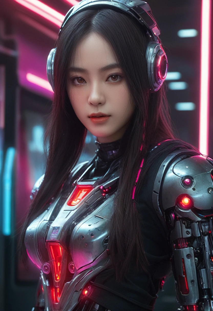 xxmixgirl. Highly detailed professional 35mm film, bokeh, face in sharp focus. A robotic female, Miku, with ((metal skin)), ((perfect Asian eyes)) with magenta irises and ((black pupils)), beautiful serious (detailed face), 18 year old ((photorealistic face)), very long magenta twin tails of magenta hair, twin black hair ties with a single red stripe. She may have a black audio headpiece. We can see her ((full body)) down to her boot soles. Her outfit is a sleeveless collared light grey shirt, outlined in red around the frilled collar and hems. Shiny reflective ((metallic breast cups, dimpleless)), invisible nipples. She wears black sleeves with red hems that start around her upper arm and bellow out as the sleeves open and extend to her wrists, with wide trumpet red rimmed cuffs. She has perfect robotic (detailed hands). She wears a red colored tie with two horizontal solid parallel black lines halfway across. She wears a fabric black skirt with a horizontal red hem at the bottom all the way around; her (((black skirt wraps around her))) and ((her skirt completely covers)) her robotic waist and thighs. Tall black boots with red bottom soles, a red rim around the top at her thighs. Her mechanical shoulder joints are visible. We can see her robotic legs and robotic neck. Half of her is covered with shiny polished machinery. The background is a distant dark neon futuristic Japanese city, gold, cyan, violet neon, near harbor or mountains.