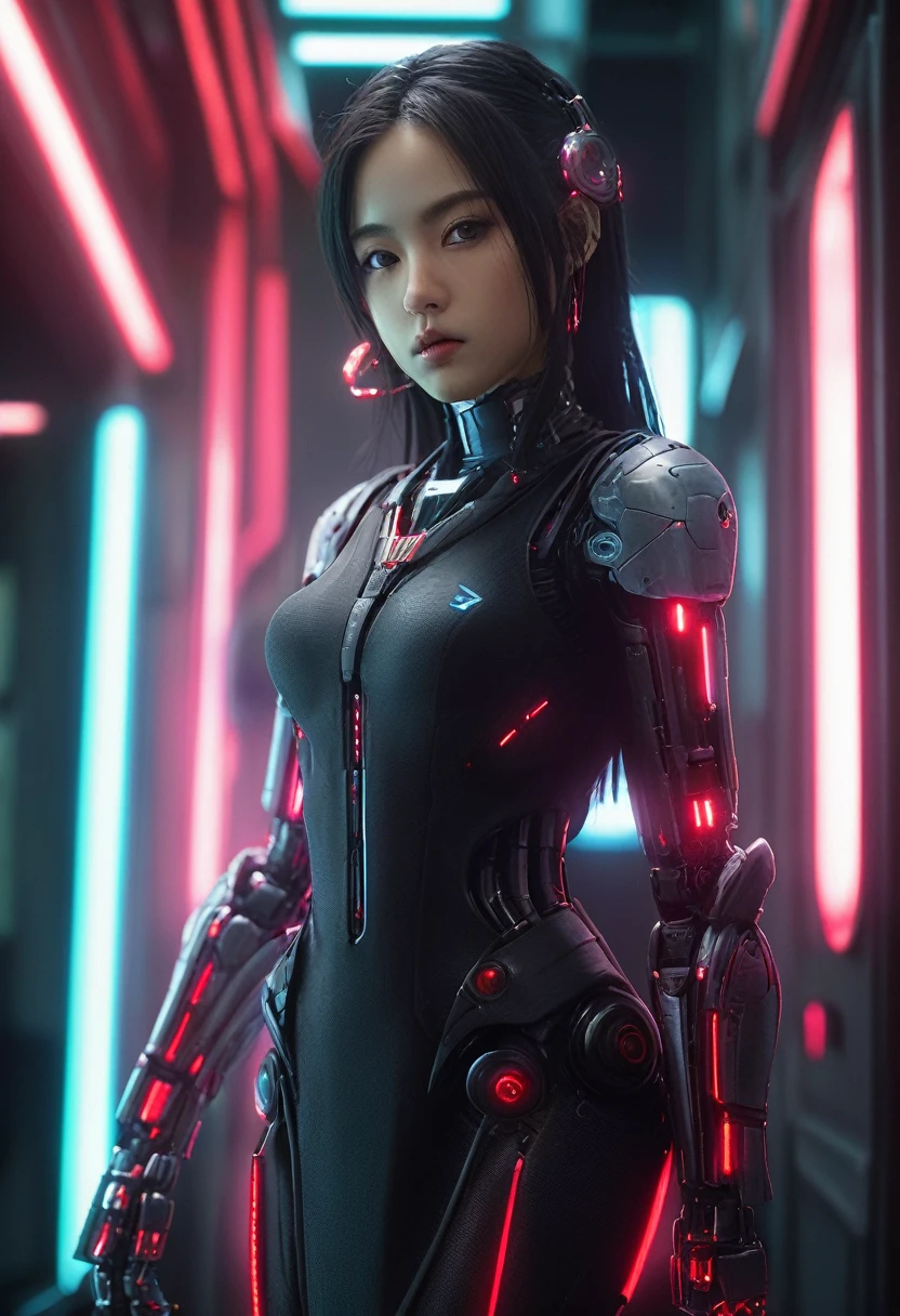 xxmixgirl. Highly detailed professional 35mm film, bokeh, face in sharp focus. A robotic female, Miku, with ((metal skin)), ((perfect Asian eyes)) with magenta irises and ((black pupils)), beautiful serious (detailed face), 18 year old ((photorealistic face)), very long magenta twin tails of magenta hair, twin black hair ties with a single red stripe. She may have a black audio headpiece. We can see her ((full body)) down to her boot soles. Her outfit is a sleeveless collared light grey shirt, outlined in red around the frilled collar and hems. Shiny reflective ((metallic breast cups, dimpleless)), invisible nipples. She wears black sleeves with red hems that start around her upper arm and bellow out as the sleeves open and extend to her wrists, with wide trumpet red rimmed cuffs. She has perfect robotic (detailed hands). She wears a red colored tie with two horizontal solid parallel black lines halfway across. She wears a fabric black skirt with a horizontal red hem at the bottom all the way around; her (((black skirt wraps around her))) and ((her skirt completely covers)) her robotic waist and thighs. Tall black boots with red bottom soles, a red rim around the top at her thighs. Her mechanical shoulder joints are visible. We can see her robotic legs and robotic neck. Half of her is covered with shiny polished machinery. The background is a distant dark neon futuristic Japanese city, gold, cyan, violet neon, near harbor or mountains.