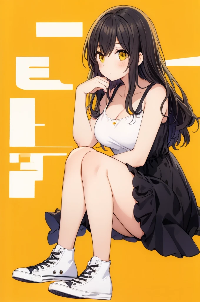 A 20 yo girl, black dress, converse shoes, yellow background